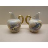 A pair of Royal Worcester signed jugs with Bluetit decoration, 14cm tall, both good condition