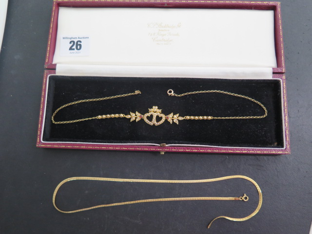 A gilt metal pearl double heart necklace, approx 7 grams, and a 14ct broken necklace, approx 3.5