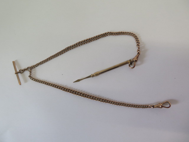 A 9ct yellow gold double Albert watch chain, 37cm long with a 9ct sliding toothpick, total weight - Image 2 of 4