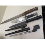 A German RZM M7/5 dagger blade, 14cm long, total 25cm, no scabbard, a spike bayonet and another both