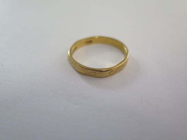 A 22ct band ring, size M, approx 3 grams, some wear but generally good