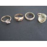 Three 9ct yellow gold rings, sizes M/N, approx 9.9 grams and a gold and white metal ring, size M,