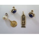 A 9ct pendant approx 1.5 grams, and a 18ct pendant approx 1.3 grams, two 9ct earrings with screw