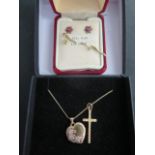 Two pairs of 9ct earrings (one back missing), a 9ct chain, locket and crucifix, total approx 4.6