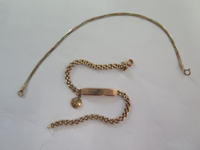 A 9ct tricolour gold bracelet, approx 1 gram and a 14ct yellow gold bracelet (engraved) approx 6.3