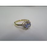 An 18ct yellow gold Ceylon sapphire diamond ring, head size approx 11mm x 10mm, size L/M, good