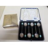 A set of 6 boxed silver coffee bean spoons and a silver desk box 8cm wide (box in worn condition)