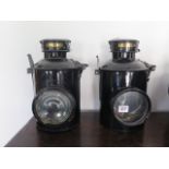 Two repainted black Railway type lamps, 32cm tall
