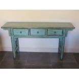 A Chinese style painted three drawer hall table - Width 162cm x Width 85cm x Depth 40cm - as new