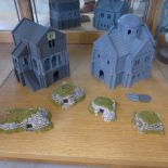 Two sectional plastic Wargaming buildings and four stone effect houses