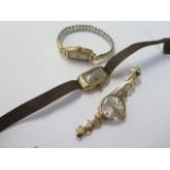 Three 9ct yellow gold watch heads - manual wind - one working - plated and fabric straps - total