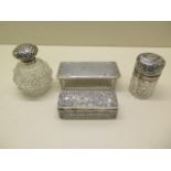 Two silver top glass tidies and two silver top scent bottles - weighable silver approx 2 troy oz -