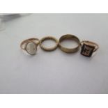 Four 9ct yellow gold rings sizes K, O, U - total weight approx 10 grams