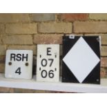 Three metal railway signal signs - largest 30cm x 24cm