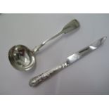 A silver ladle - Length 18cm - approx 2.2 troy oz and a silver handle cheese knife