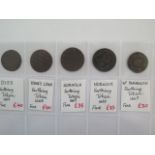 A collection of five circa 17th century Farthing tokens - Diss 1669, Kings Lynn 1668, Norwich 1667 x