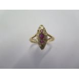 An 18ct yellow gold diamond and ruby type navette shaped ring size O - head approx 17mm x 7mm -