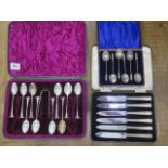 A boxed set of silver teaspoons and an associated nip - two spoons missing - six boxed, and a