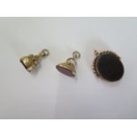 Two 9ct yellow gold fobs and a gilt metal fob - some wear but generally good - total weight approx