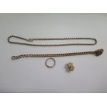 A 9ct yellow gold bracelet chain in worn condition, a 22cm 9ct chain, a 9ct brooch and a gilt ring -