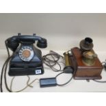 A 200 series black bakelite desk phone with drawer and bell box- chip to back of phone otherwise