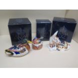 Three Royal Crown Derby paperweights - Donkey, Nesting Chaffinch and Mallard Duck - all good and