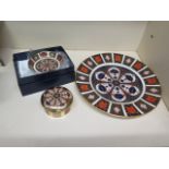 A Royal Crown Derby 10 1/2" Imari plate (second) a pin dish - boxed, trinket pot - unboxed