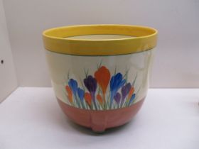 A Clarice Cliff Bizarre Crocus pattern jardiniere - Height 20cm - some minor paint loss and