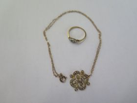 An 18ct ring (missing a stone) and a 15ct pearl pendant on a gilt chain - approx weight 4.6 grams