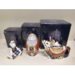 Three Royal Crown Derby Christmas paperweights, mini teddy bear, Father Christmas and Reindeer - all
