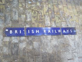 British Railways blue enamel railway station header board sign (long) - some chipping and fading -