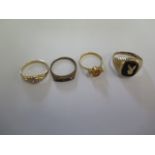 Two 9ct yellow gold rings sizes P and T - approx weight 5.8 grams - and two plated metal rings