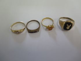 Two 9ct yellow gold rings sizes P and T - approx weight 5.8 grams - and two plated metal rings