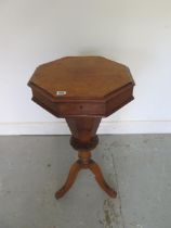 A Victorian burr walnut trumpet workbox on a tripod base - in need of some restoration - Height 77cm