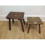 A 19th century elm country stool - Height 25cm - and a country painted stool - Height 36cm