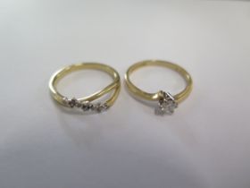 Two 9ct yellow gold diamond rings sizes J/L - approx weight 3 grams - good condition