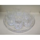 A Waterford glass circular tray - Diameter 35cm and six Waterford tumbler glasses - Height 11cm -