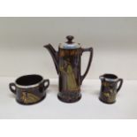 A Royal Doulton silver rimmed Pied Piper Kingsware three piece coffee set - all good except chip