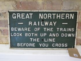 Great Northern Railway Beware of the Trains cast iron sign - repainted, good condition - 32cm x 56cm