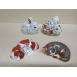Four Royal Crown Derby paperweights - Meadow Rabbit, Bunny, Catnip Kitten and Puppy - all good, no