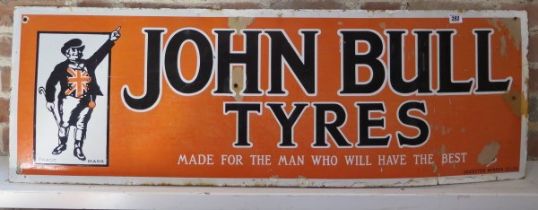 An enamel John Bull Tyres Garage/Motoring sign Leicester Rubber Co Ltd - 41cm x 122cm - some overall