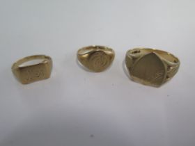 Three 9ct yellow gold signet rings sizes F/G/Q - total weight approx 9.2 grams - engraved to