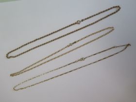 Three 9ct yellow gold chains, longest 50cm - all good - total approx weight 10 grams