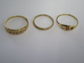 Two 18ct yellow gold rings - one missing stone, sizes S/T - total weight approx 3.8 grams - some