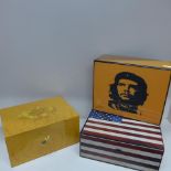 A Partagas cigar humidor, a Stars and Stripes humidor and a Che Guevara humidor - largest 13cm x