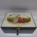 A decorative Quintero V Hno cigar humidor with key - Height 14cm x 35cm x 26cm - generally good