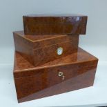 Three burr wood effect modern cigar humidors - Largest 16cm x 38cm x 25cm - all reasonably good