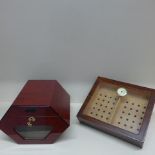 A shaped mahogany effect cigar humidor and a counter top humidor - Height 19cm x 30cm wide -