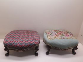 A pair of upholstered walnut foot stools - Height 16cm x 35cm x 31cm