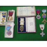 Four silver gilt and enamel Masonic Jewel - Medallions and three base metal jewels - all good